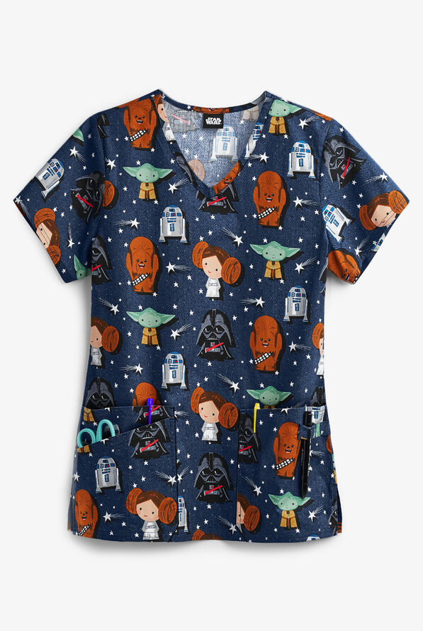 Cherokee Tooniforms Star Wars Star Watchers Women's 4-Pocket V-Neck Print Scrub Top - null - 1