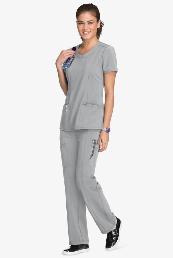 Infinity Women's 3-Pocket STRETCH Round Neck Scrub Top - Grey - 2