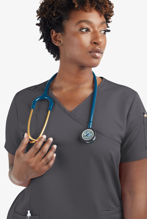 Butter-Soft Women's 5-Pockets Faux Wrap Scrub Top **Slightly IRREGULAR** - Pewter - 5