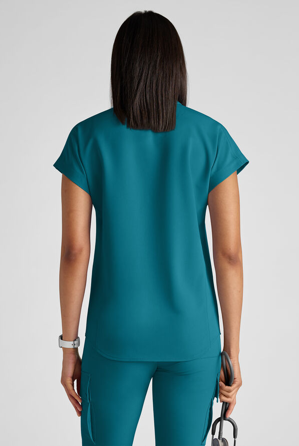 ReSurge Rhine Women's 5-Pocket Oversized Half Zip Stand Collar Scrub Top - Caribbean Blue - 3