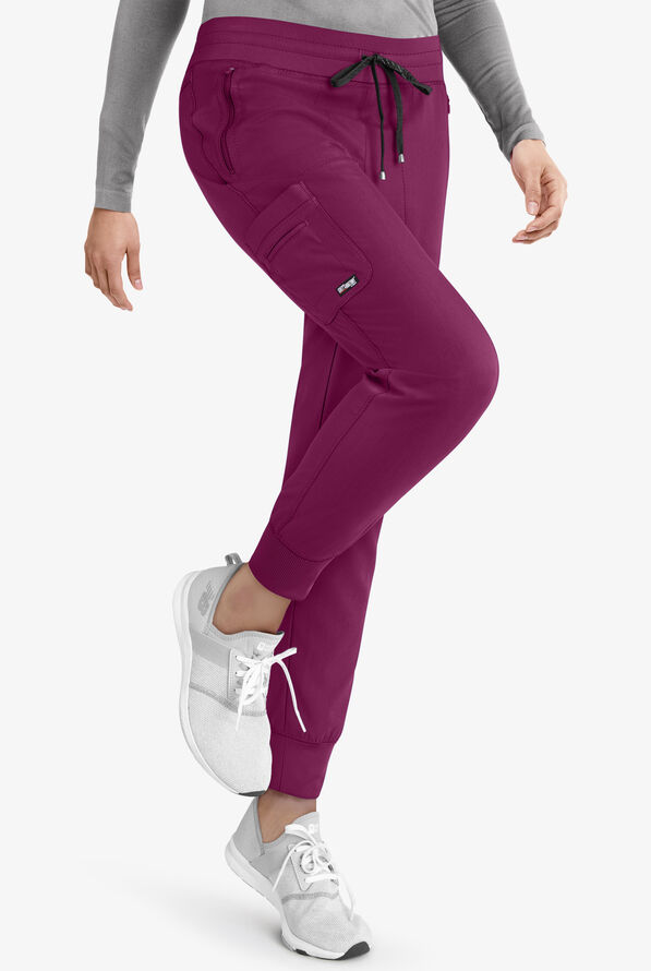 Grey's Anatomy by Barco Spandex STRETCH Eden Women's 5-Pocket Cargo Jogger Scrub Pants - Petite - Wine - 4