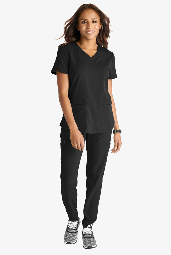 Cherokee Atmos Women's 2-Pocket STRETCH Coolmax V-Neck Scrub Top - Black - 4