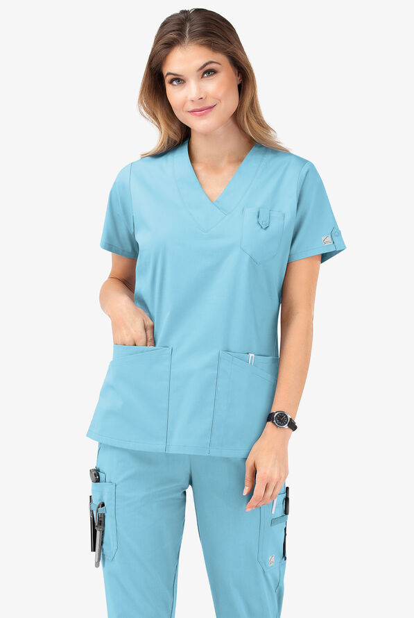 Butter-Soft STRETCH Women's 6-Pocket V-Neck Scrub Top - Poolside View - 8
