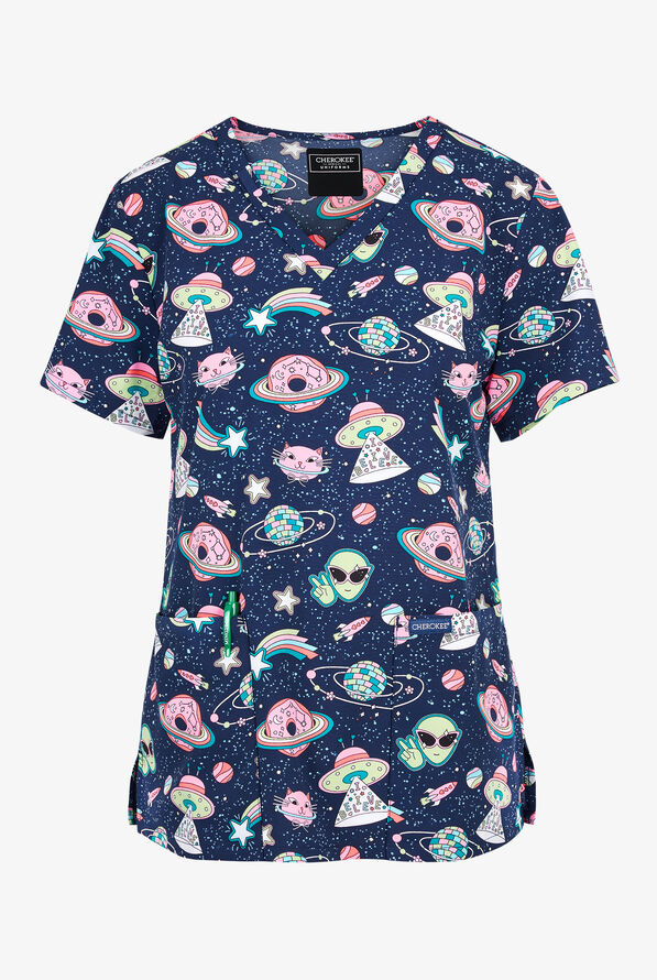 Cherokee Groovy Galaxy Women's 2-Pocket STRETCH V-Neck Print Scrub Top - null - 1