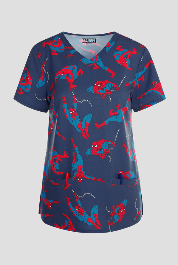 Marvel's Spider-Man by Funscrubs Women's 2-Pocket STRETCH V-Neck Print Scrub Top - null - 1