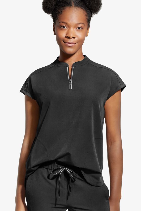 Healing Hands 360 Sandy Women's 2-Pocket STRETCH Dolman Sleeve Zip Mandarin Collar Scrub Top - Black - 2