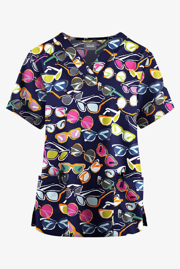 Butter-Soft Originals Fancy Shades Navy Women's 2-Pocket Classic Fit V-Neck Print Scrub Top - null - 1