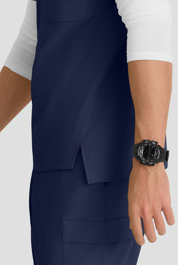 Skechers by Barco Ripstop Station Men's 3-Pocket STRETCH Notched Hem Round Neck Scrub Top - Navy - 5