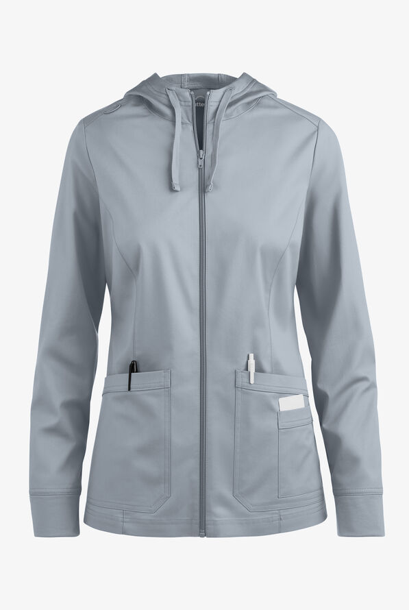 Butter-Soft STRETCH Women's 3-Pocket Zip-Front with Cozy Knit Hood and Trim Scrub Jacket - Silver - 1