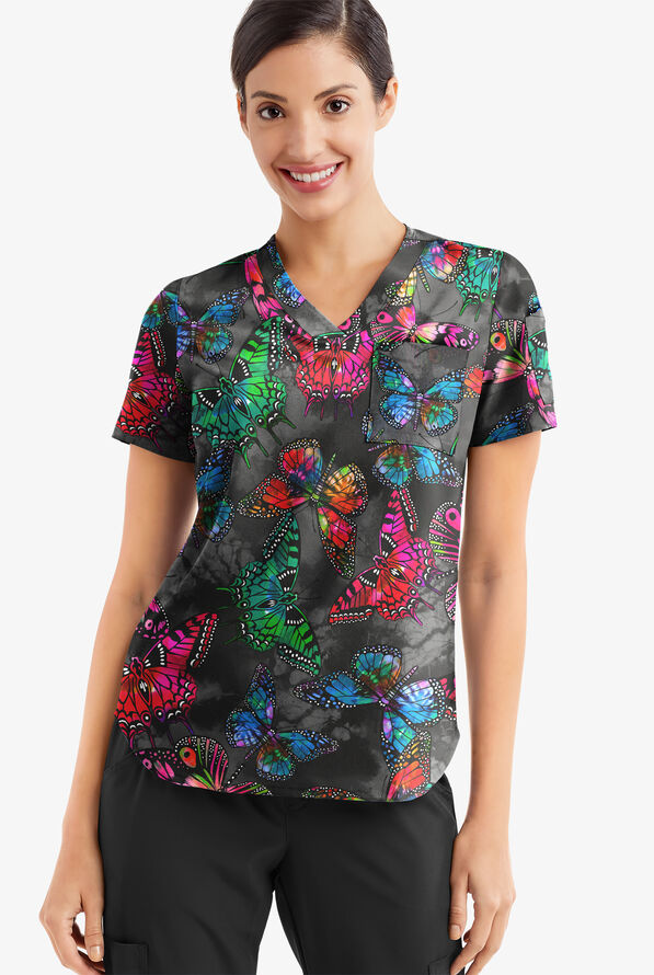 Easy STRETCH Butterfly Oasis Onyx Women's 2-Pocket Tuck-In V-Neck Print Scrub Top - null - 2