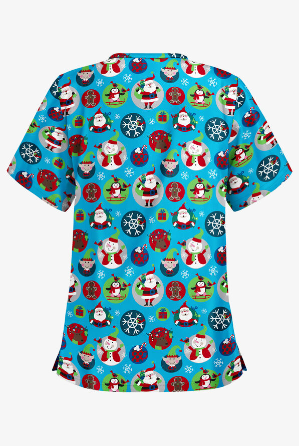 Butter-Soft Christmas Stickers Turquoise Women's 2-Pocket Relaxed Fit V-Neck Print Scrub Top - null - 2