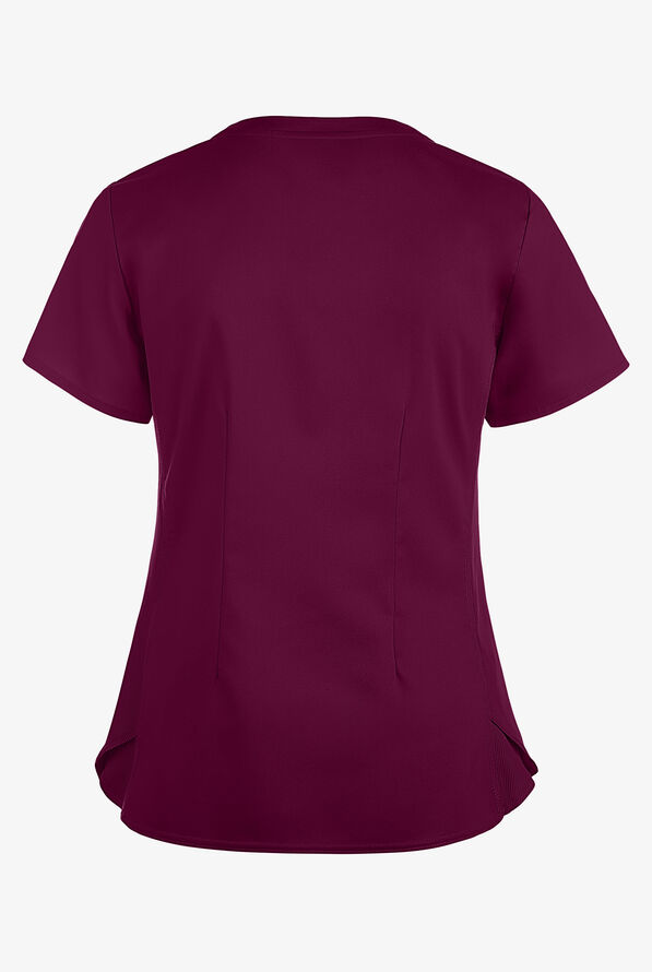 Med Couture Touch Women's 3-Pocket STRETCH Rib-Knit Side Panels Shirttail V- Neck Scrub Top - Wine - 2