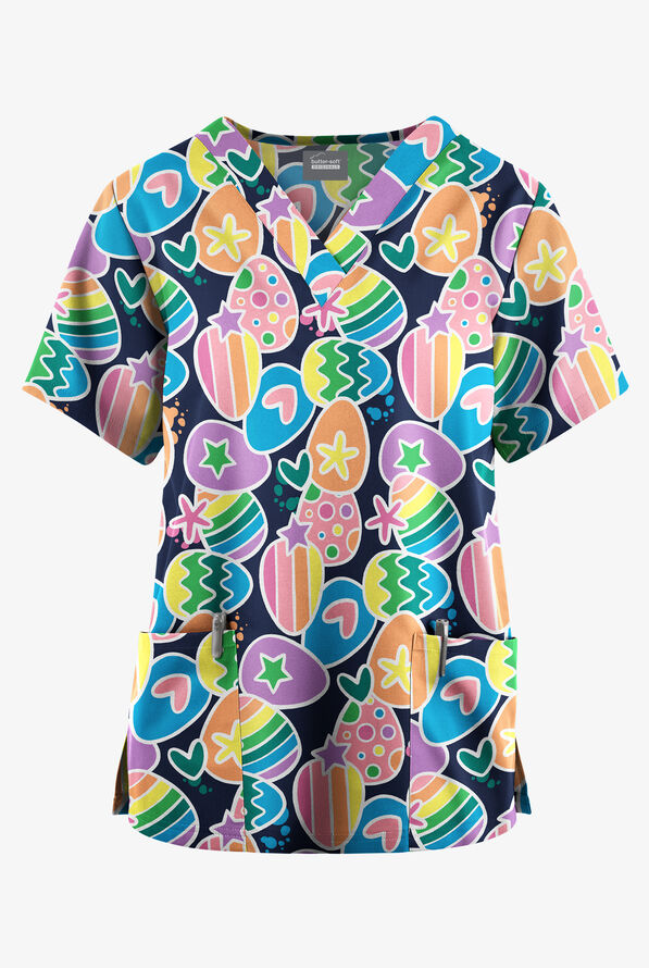 Blusa m&eacute;dica estampada Butter-Soft Originals Egg-Cetera Navy con cuello en V y 2 bolsillos para mujer - null - 1