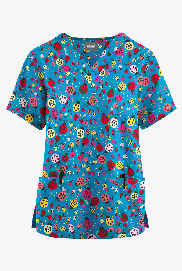 Butter-Soft Originals Ladybug Party Turquise Women's 2-Pocket V-Neck Print Scrub Top - null - 1