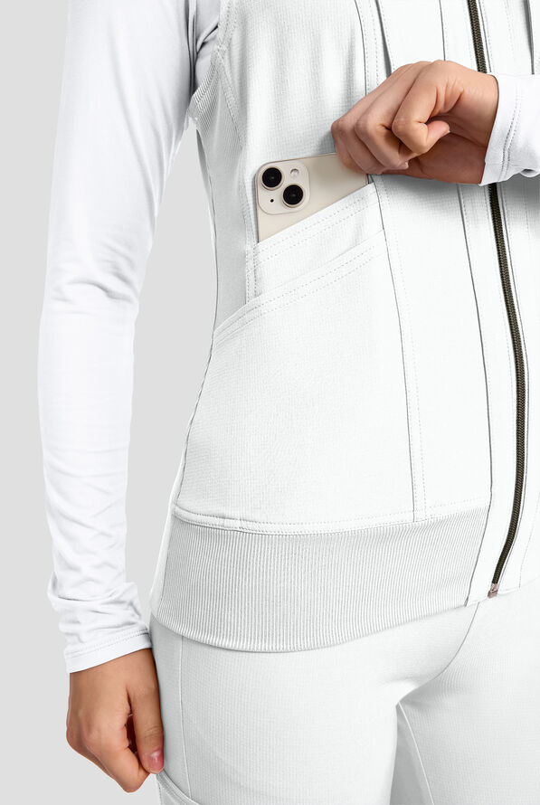 Med Couture Amp Women's 4-Pocket STRETCH Zip Front Removable Hoodie Scrub Vest - White - 4