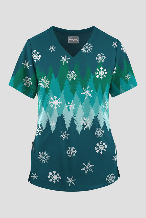 Butter-soft STRETCH Drifting Snowflakes Caribbean Blue Women's 2-Pocket V-Neck Print Scrub Top - null - 1