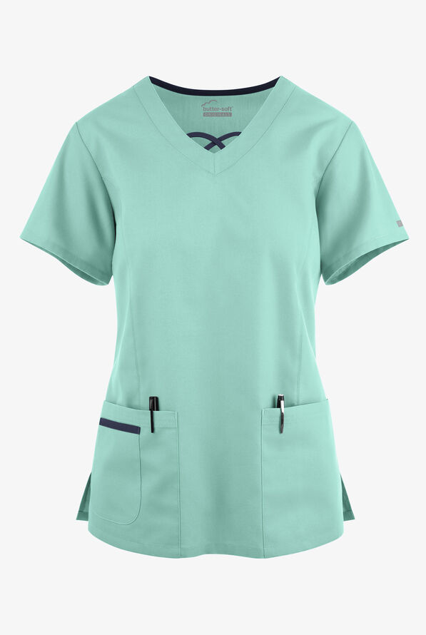 Butter-Soft Originals Women's 3-Pocket Crisscross Contrast V-Neck Scrub Top - Water Mint/Navy - 1