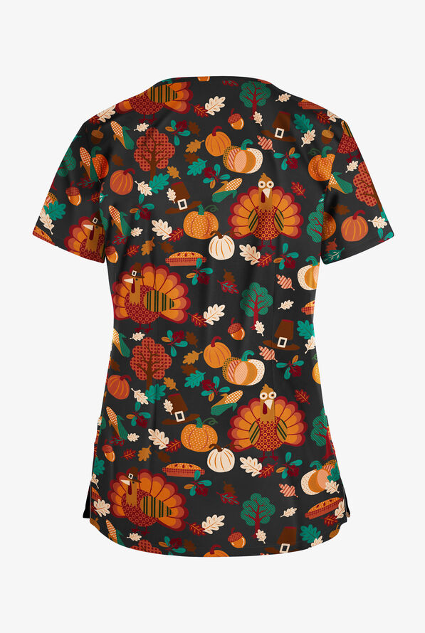 Butter-Soft Thanksgiving Time Women's 4-Pocket Rounded V-Neck Print Scrub Top - null - 2