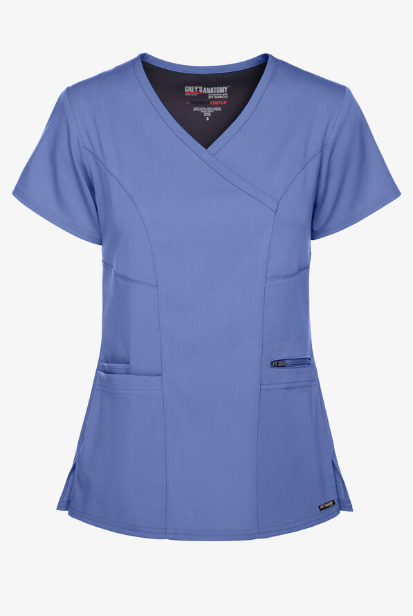 Grey's Anatomy by Barco Spandex STRETCH Kim Women's 3-Pocket Mock Wrap Scrub Top - Ceil Blue - 1