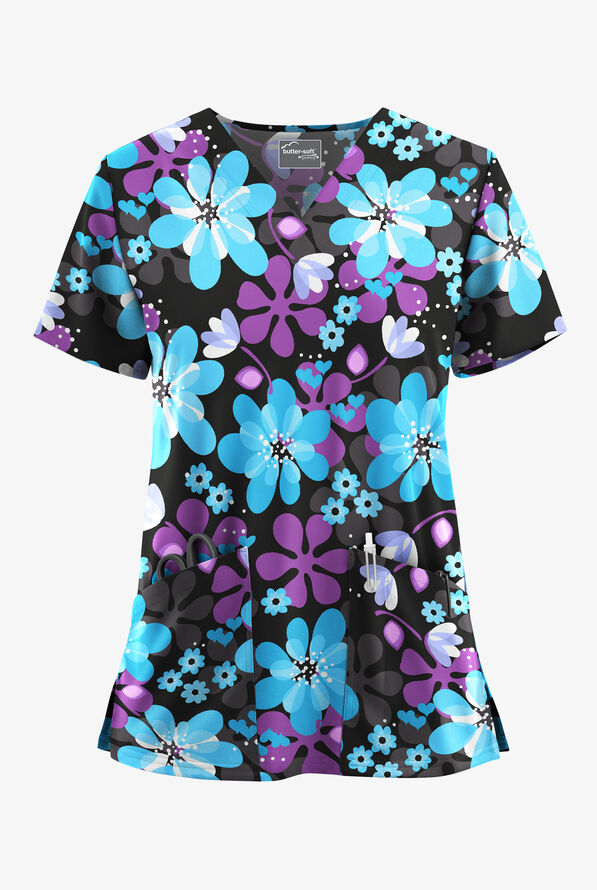 Blusa médica estampada Butter-Soft STRETCH Fantasy Flora con cuello en V y 2 bolsillos para mujer - null - 1