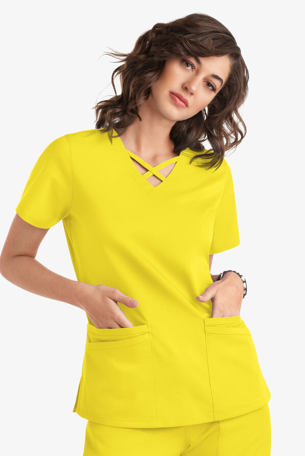 Blusa m&eacute;dica UA Butter-Soft STRETCH con lazos entrecruzados y 4 bolsillos para mujer - Bright Daffodil - 5