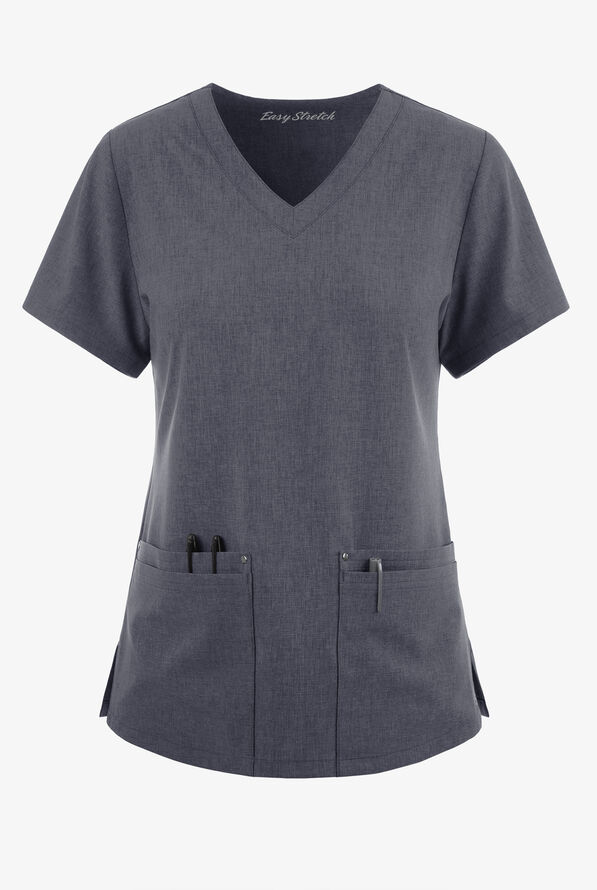 Easy STRETCH Lina Mitered Women's 4-Pocket V-Neck Scrub Top - Charcoal Heather - 1