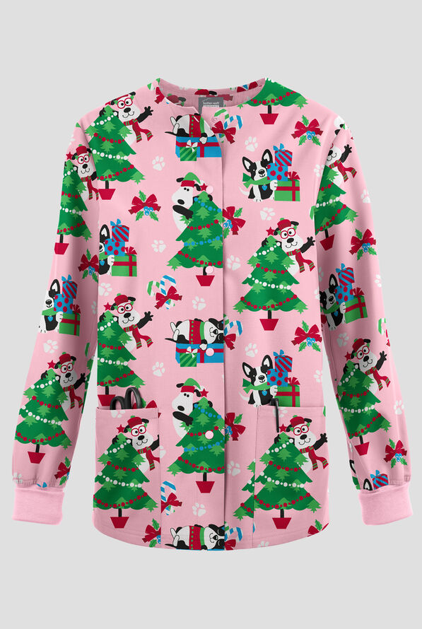Butter-Soft Originals Wrapped In Joy Blush Women's 2-Pocket Warm-Up Print Scrub Jacket - null - 1