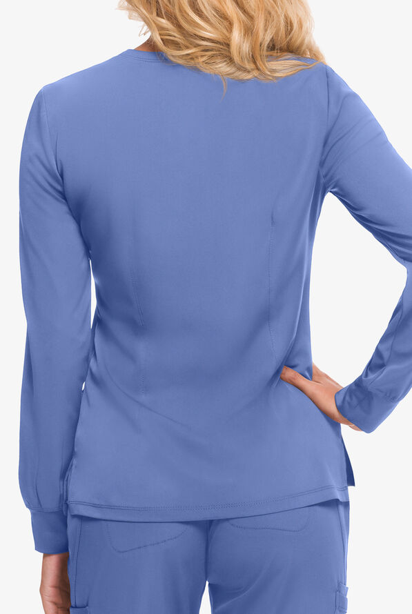 HH Works by Healing Hands Megan Women's 4-Pocket STRETCH Round Neck Warm-Up Scrub Jacket - Ceil Blue - 2