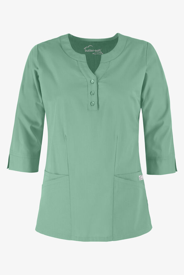 Butter-Soft STRETCH Women's 4-Pocket 3/4" Sleeve Round Neck Scrub Top - Water Mint - 1