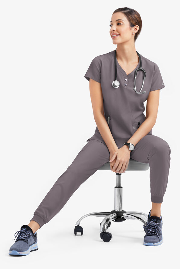 Easy STRETCH Demi Women's 4-Pocket Henley Scrub Top - Grey Stone - 6