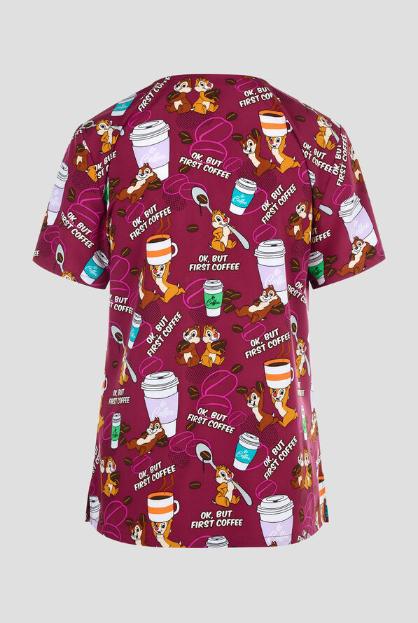 Tooniforms Disney's Chip n' Dale But Coffee First Women's 2-Pocket STRETCH V-Neck Print Scrub Top - null - 2