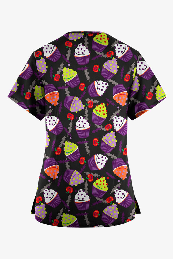 Butter-Soft Originals Halloween Treats Black Printed Women's 4-Pocket Rounded V-Neck Print Scrub Top - null - 2