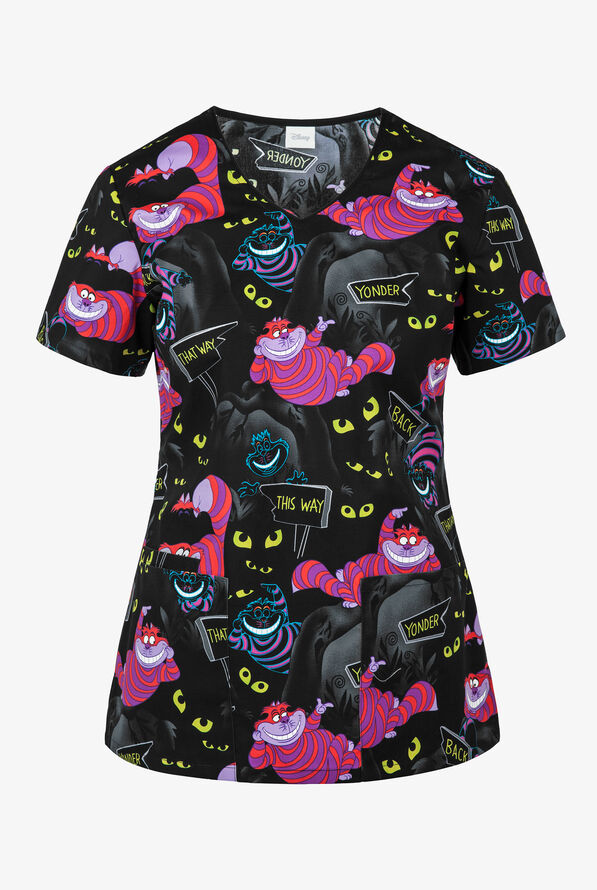 Tooniforms Disney Cheshire Madness Women's 2-Pocket STRETCH V-Neck Print Scrub Top - null - 1