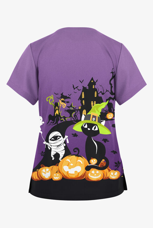 Butter-Soft Originals Spooktacular Halloween Black Women's 2-Pocket V-Neck Print Scrub Top - null - 2