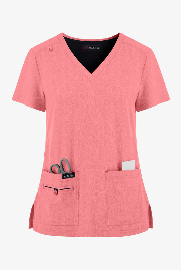 koi Basics Becca Women's 4-Pocket STRETCH V-Neck Scrub Top - Heather Soft Pink - 1