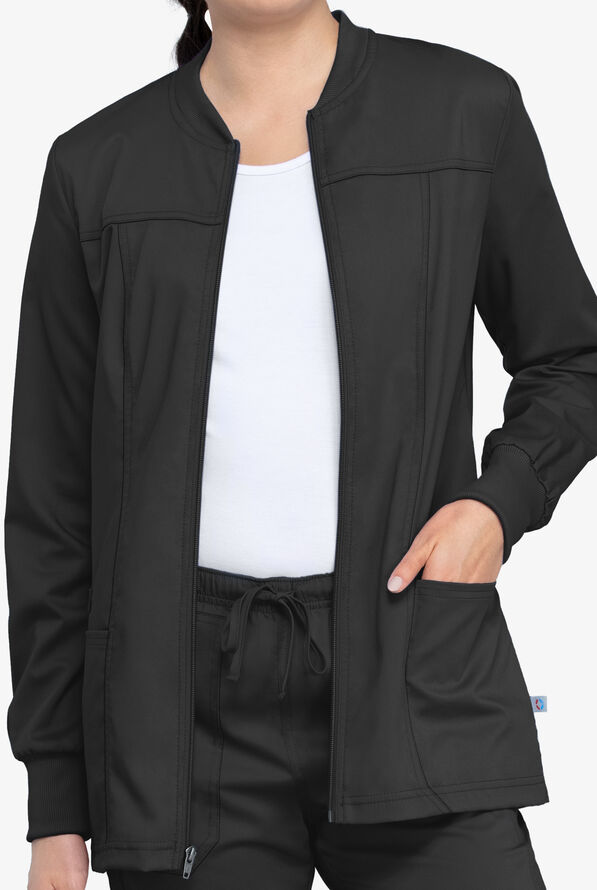 Cherokee Workwear Revolution Tech Women's 3-Pocket STRETCH Zip Front Scrub Jacket - Black - 4