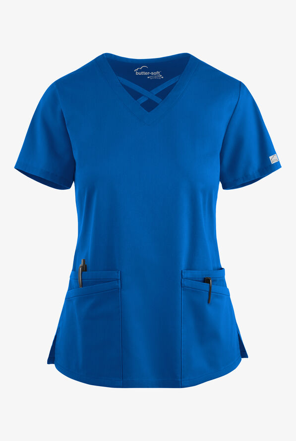 Blusa m&eacute;dica UA Butter-Soft STRETCH con lazos entrecruzados y 4 bolsillos para mujer - Royal - 1