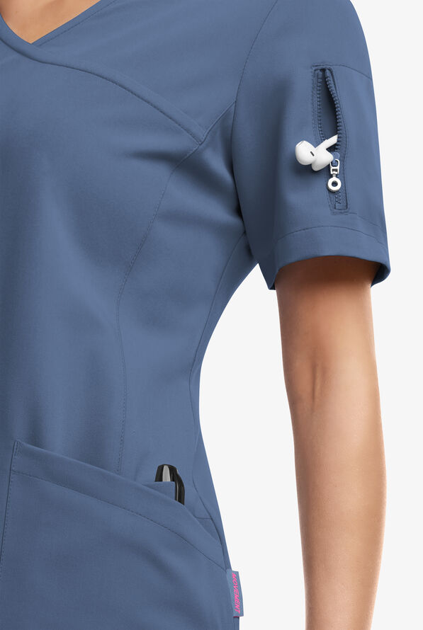 MOVEMENT by Butter-Soft Capella Women's 5-Pocket Faux Wrap STRETCH Scrub Top - Blue Horizon - 4