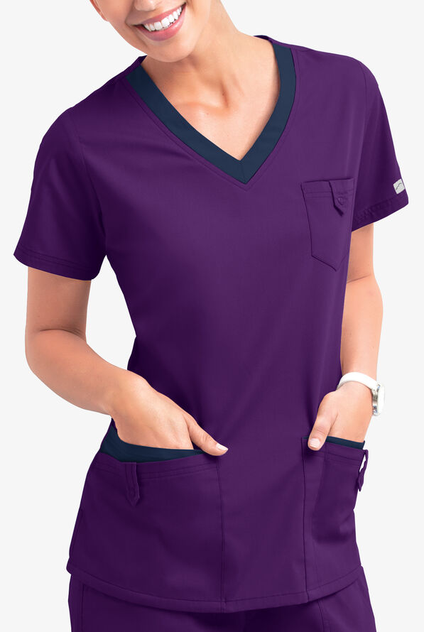 Butter-Soft Core Women's 5-Pocket Rounded V-Neck Scrub Top - Eggplant/Navy - 2