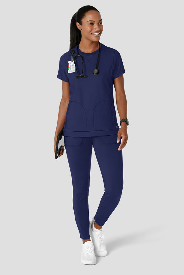 Wink Renew Knit Women's 2-Pocket STRETCH Rib-Knit Crew Neck Scrub Top - Navy - 2