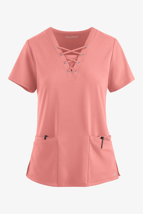 Easy STRETCH Gisele Women's 4-Pocket Lace Up V-Neck Scrub Top - Autumn Coral - 1