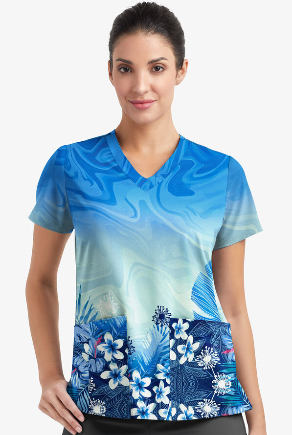 Blusa médica estampada Easy Stretch Honolulu Garden Navy con cuello en V y 2 bolsillos para mujer - null - 2