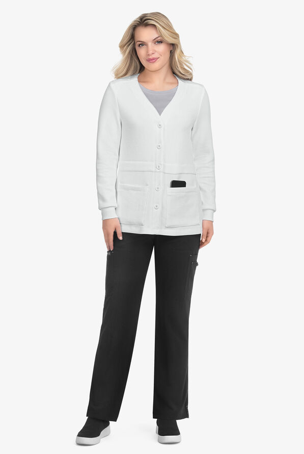 koi Essentials Clarrisa Women's 2-Pocket STRETCH Button Front V-Neck Scrub Cardigan - White - 3