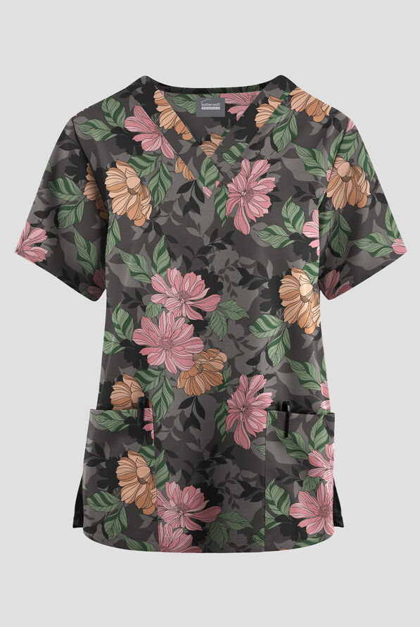 Butter-Soft Originals Floral Fantasy Pewter Women's 2-Pocket V-Neck Print Scrub Top - null - 1