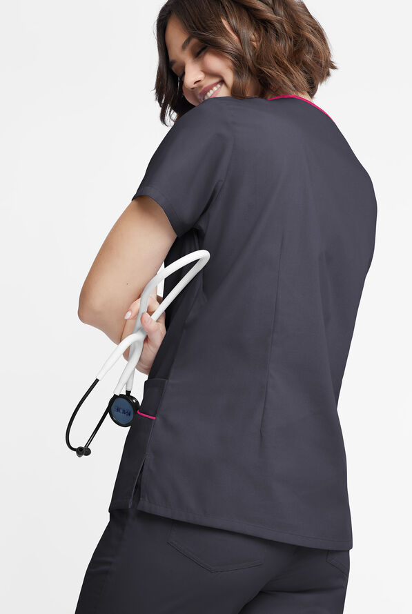 Butter-Soft Originals Women's 4-Pocket Asymmetrical Neck Scrub Top - Pewter/Fuchsia - 3