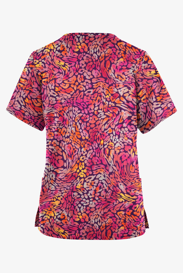 Butter-Soft Originals Leopard Wave Eggplant Women's 2-Pocket V-Neck Print Scrub Top - null - 2
