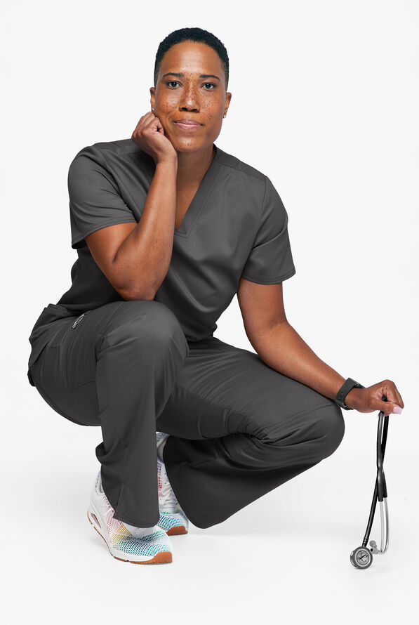 Cherokee Workwear Revolution Women's 3-Pocket STRETCH V-Neck Scrub Top - Pewter - 3