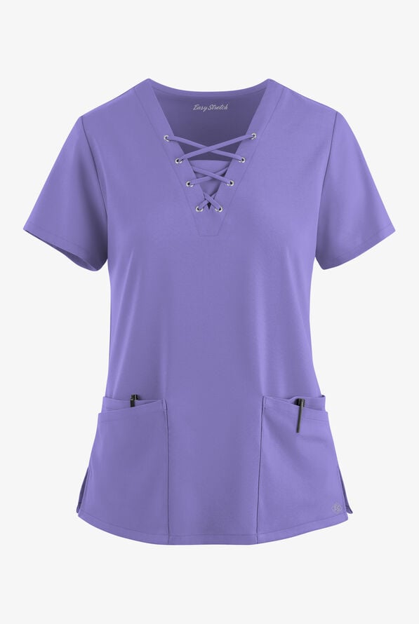 Easy STRETCH Gisele Women's 4-Pocket Lace Up V-Neck Scrub Top - Blueberry Crush - 1