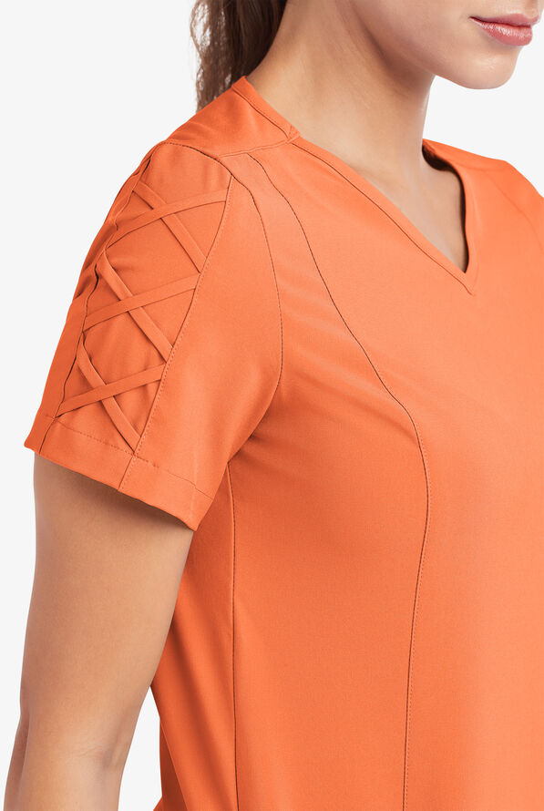 Easy STRETCH Kylie Woman's 5 Pocket V-Neck With Criss-Cross Detail Scrub Top - Coral Sunset - 6