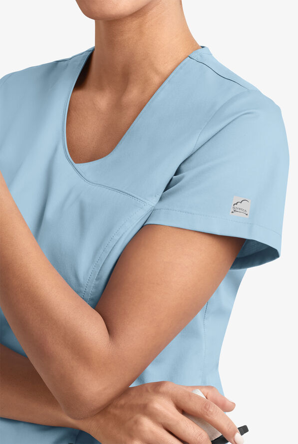 Blusa m&eacute;dica UA Butter-Soft STRETCH estilo cruzado con cuello en V y 3 bolsillos para mujer - Dew Point - 3
